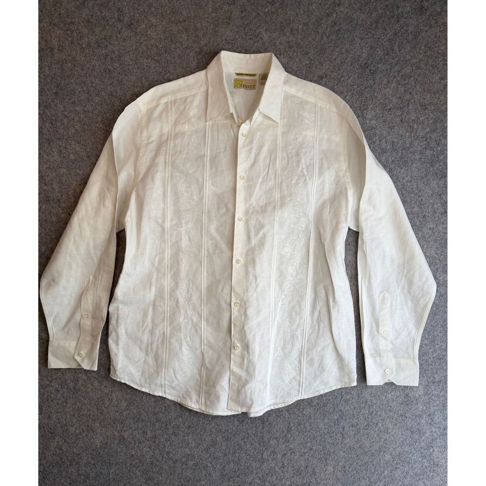 Mens White Linen Guayabera Shirt XL Long Sleeve Embroidered Cuba Miami Resort